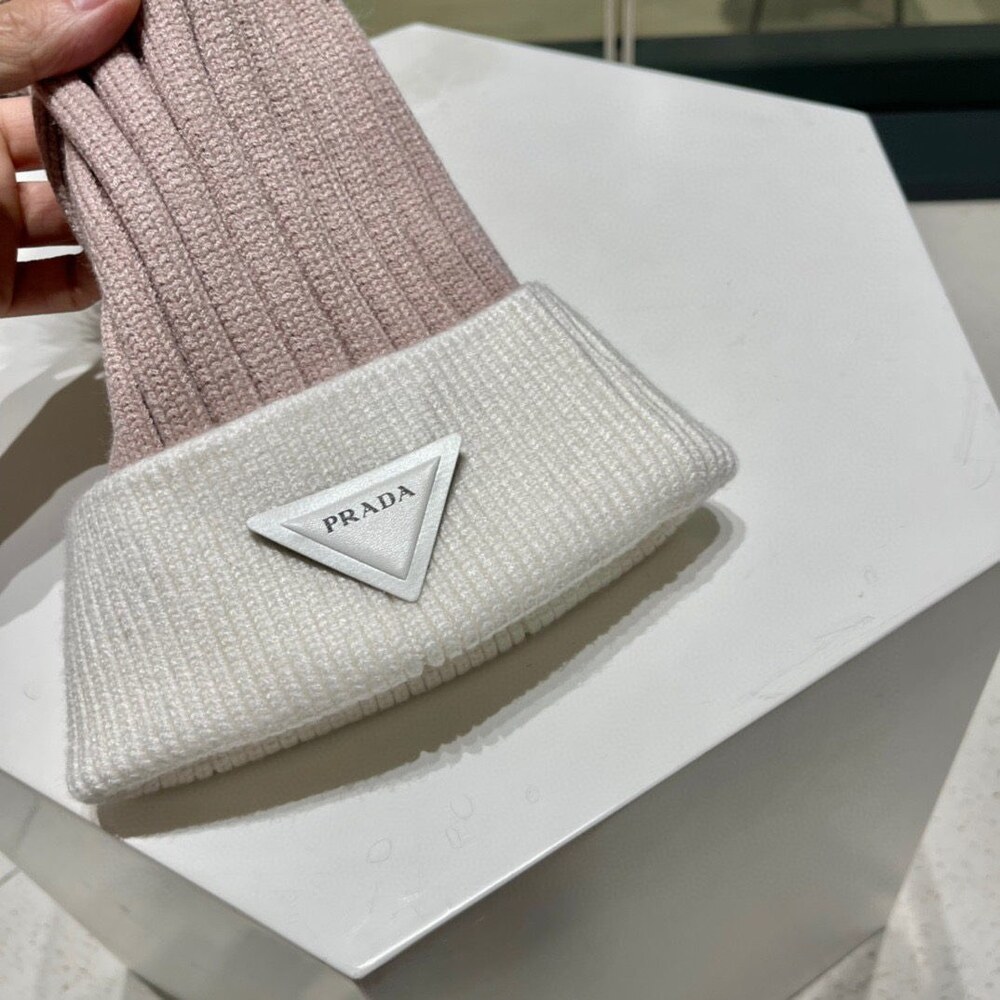 Prada Two Tone Knit Beanie with Pom Pom - Picture 2 of 8